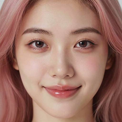 Close-up photograph of a young woman with light skin, pink hair, and brown eyes, smiling softly, with glossy pink lips.