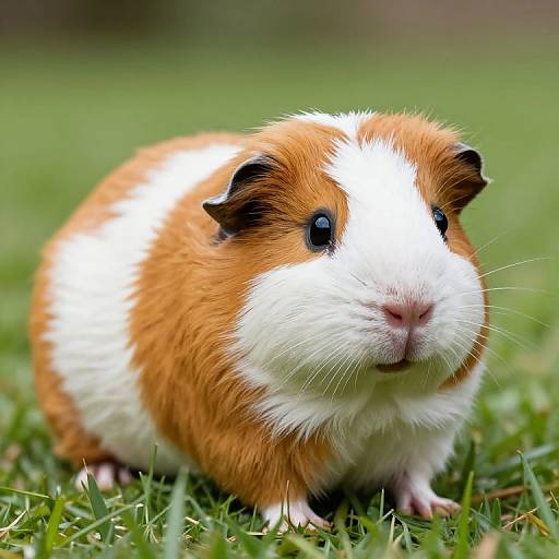 Photograph of a fluffy, orange and white guinea pig with black ears, standing on green grass, looking directly at the camera.