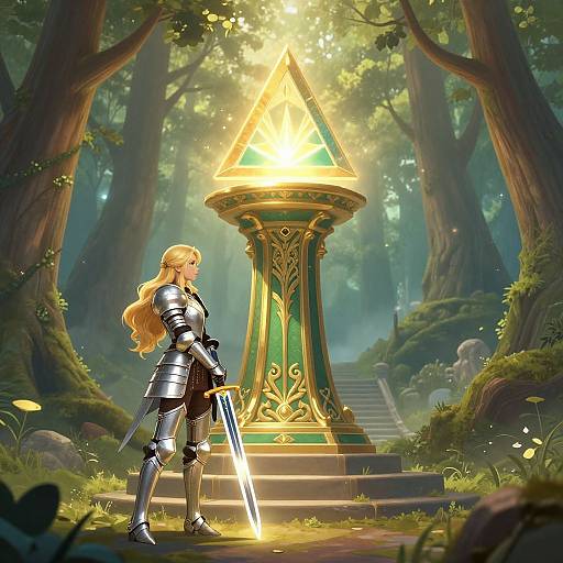 Digital fantasy artwork of a blonde woman in silver armor, standing before a glowing, triangular, green and gold stone pedestal in a mystical forest. She holds