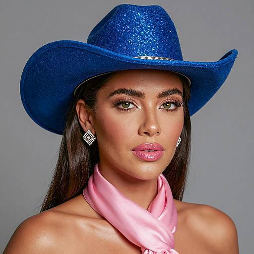 Woman in Blue Glitter Cowboy Hat and Pink Satin Scarf