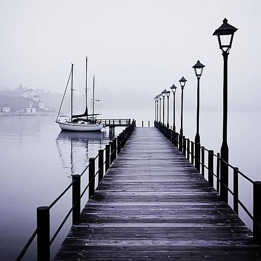 Foggy Pier with Sailboats