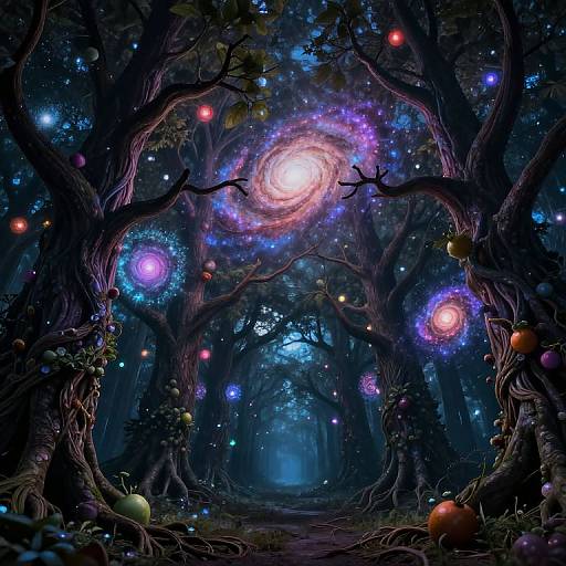 Digital fantasy artwork of a dark, enchanted forest with glowing, colorful orbs on twisted trees, leading to a luminous, swirling galaxy at the center.