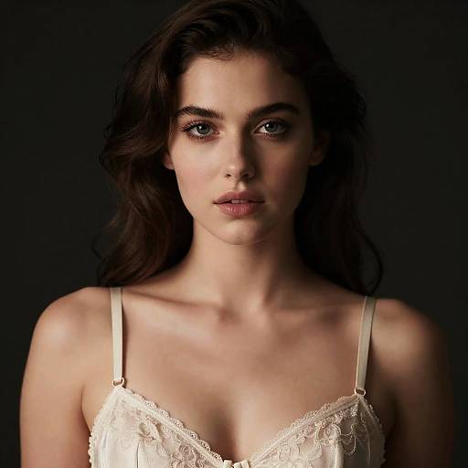 Photograph of a young woman with fair skin, brown wavy hair, and blue eyes, wearing a white lace camisole, against a dark