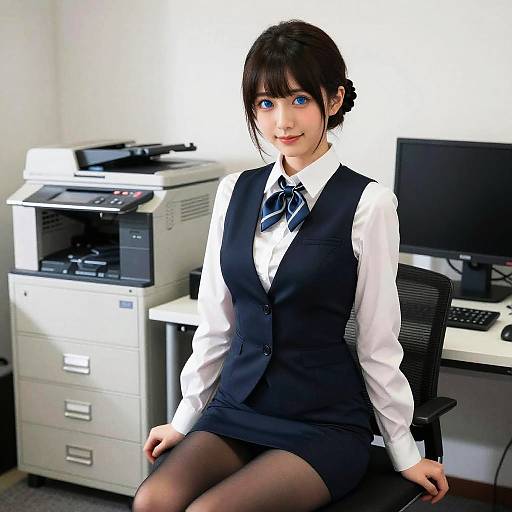 Young Office Woman with Blue Eyes Sitting