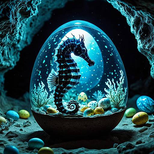 Whimsical Seahorse in Bioluminescent Egg