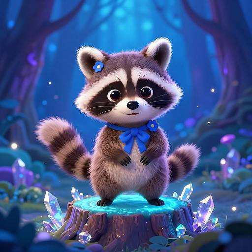 Cute, cartoon raccoon with blue ribbon and earrings stands on glowing tree stump in enchanted forest with crystals. Digital art.