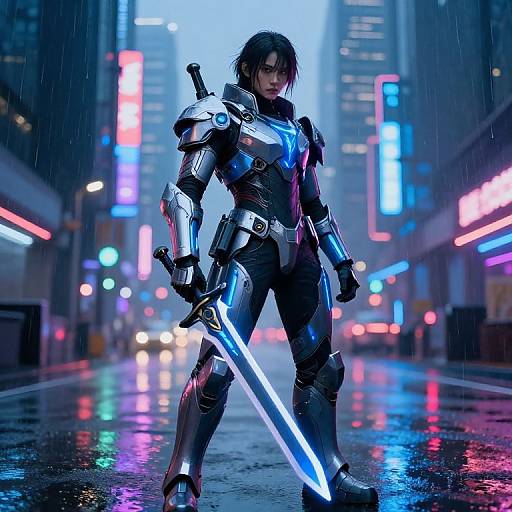 Cyberpunk warrior in shiny black armor stands on a wet city street, holding a glowing blue sword under neon lights. Rain falls, illuminating the