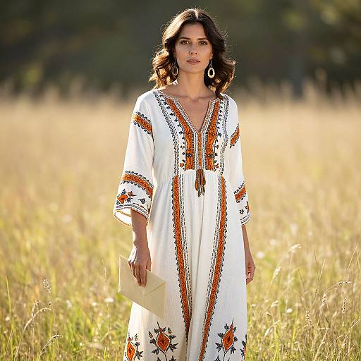 Photograph of a woman with wavy brown hair, wearing a white, embroidered, bohemian-style dress with orange and black patterns, standing in