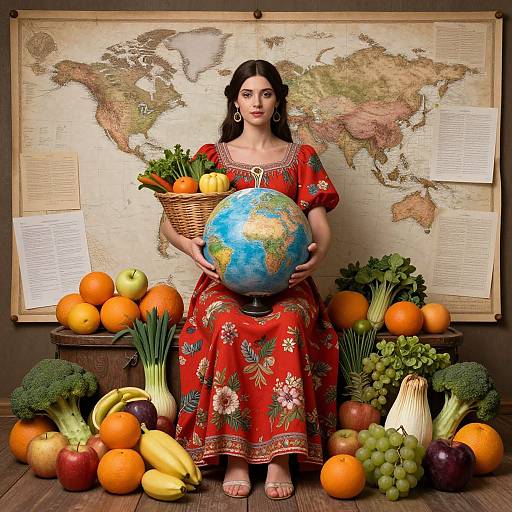 Photograph of a dark-haired woman in a red floral dress, holding a globe, surrounded by fruits and vegetables, in front of a world map.