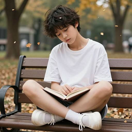 Photograph of an Asian boy with short black hair, wearing a white t-shirt, shorts, and white sneakers, sitting cross-legged on a park bench