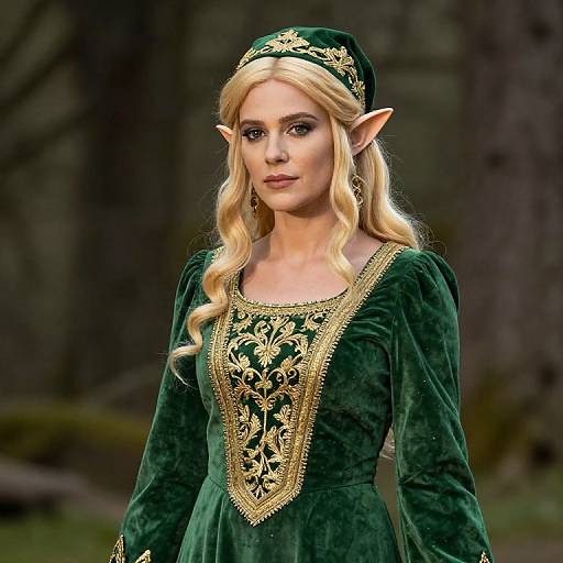 Blonde Elf in Green Embroidered Dress