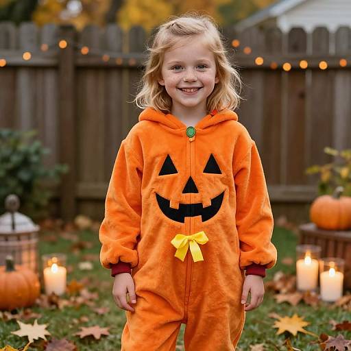 Photograph of a smiling blonde girl in an orange pumpkin onesie with black triangle and smile, standing in a candlelit, autumnal backyard.