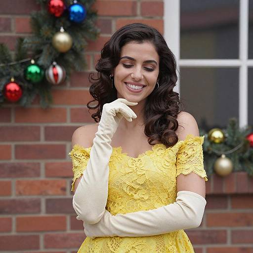 Smiling Woman in Yellow Lace Dress