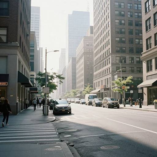 Photograph of a sunlit urban street, lined with tall, modern buildings, cars, pedestrians, and street signs, casting long shadows.