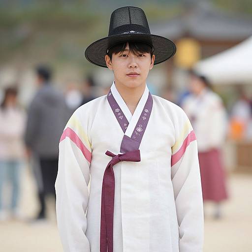 Photograph of a young East Asian man in traditional Korean hanbok with white robe, purple sash, black hat, standing outdoors, blurred background