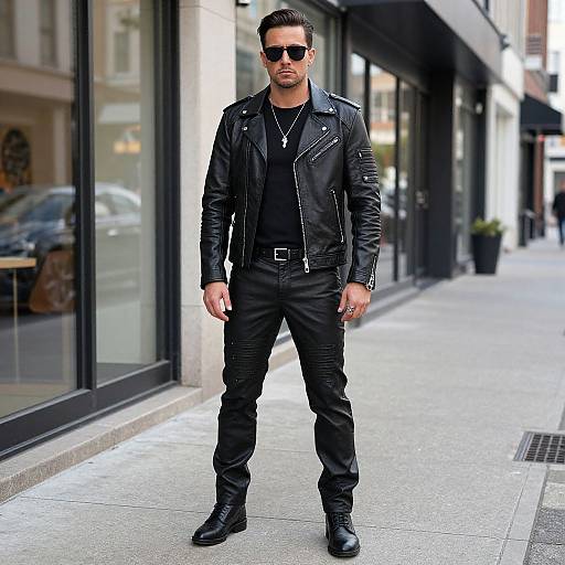 Photograph of a stylish man in black leather jacket, black shirt, pants, and boots, standing on urban sidewalk, wearing sunglasses.