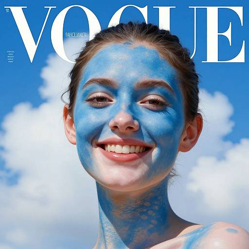VOGUE magazine cover photo of a smiling woman with blue face paint against a bright blue sky with white clouds.