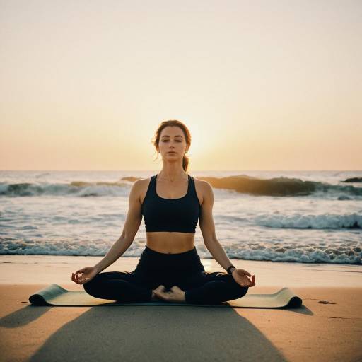 Woman Meditating Yoga on Beach at Sunrise