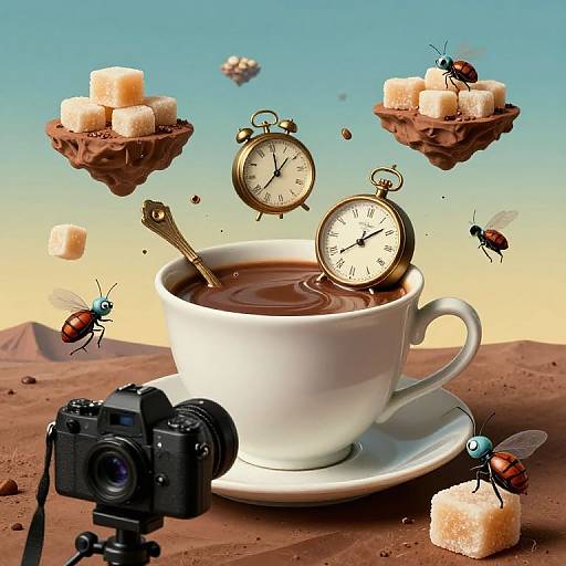 Whimsical photo: white teacup with clock, floating sugar cubes, flies, and camera on desert ground, against blue-yellow sky. Surre