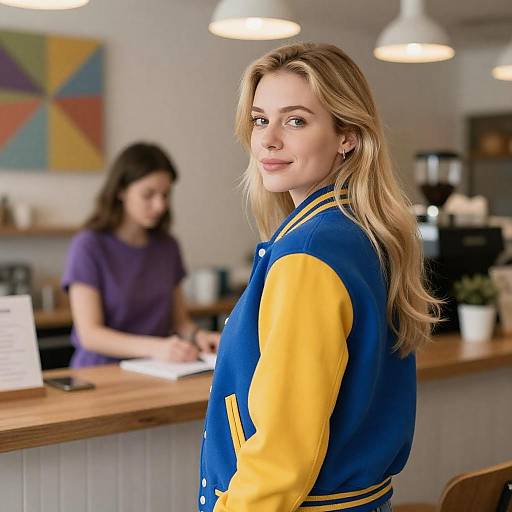 Blonde Woman in Varsity Jacket at Café
