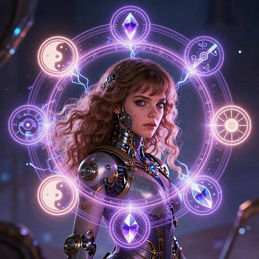Digital artwork of a curly-haired woman in metallic armor, surrounded by glowing, purple, mystical symbols and geometric shapes against a dark, futuristic background.
