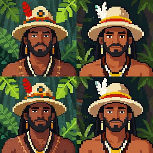 Pixel art of four-headed dark-skinned tribal man with white hat, red feather, gold earrings, and necklace in jungle background.