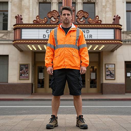 Photograph of a serious man in an orange high-visibility jacket and black shorts standing in front of a vintage theater marquee.
