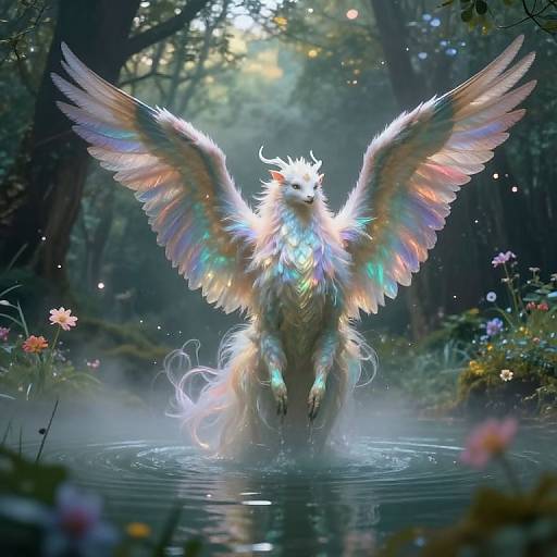 Digital fantasy artwork of a radiant, winged creature with colorful feathers emerging from a misty forest pond, surrounded by glowing flowers.
