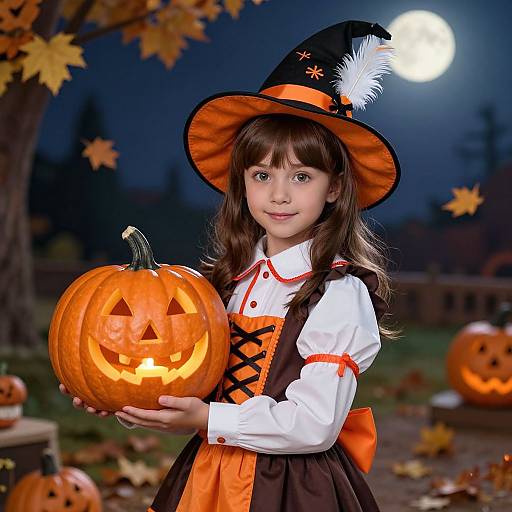 Photograph of a young girl in a Halloween costume, holding a carved pumpkin, under a full moon, surrounded by autumn leaves.
