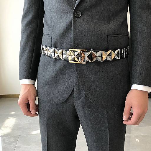 Photograph of a man in a dark gray suit with a shiny, diamond-patterned belt, standing in a brightly lit room.