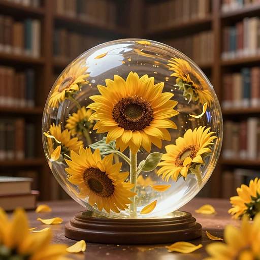 Photograph of a glass snow globe with vibrant yellow sunflowers inside, sitting on a wooden table in a library with blurred bookshelves in the background