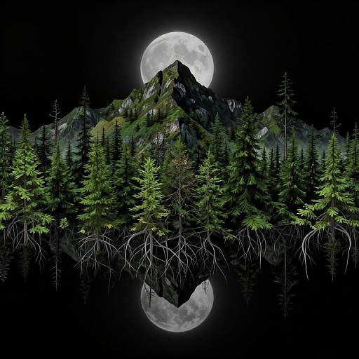 Photograph of a moonlit mountain with a full moon behind it, reflected in a calm lake, surrounded by dense, green pine trees. Black night