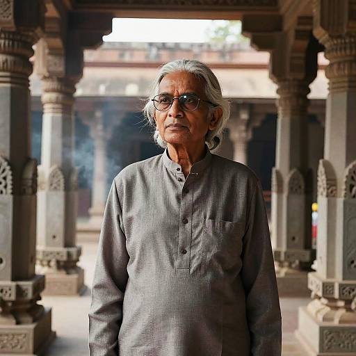 Photograph of elderly Indian man with gray hair, wearing glasses and gray traditional kurtah, standing in ornately carved stone pavilion.