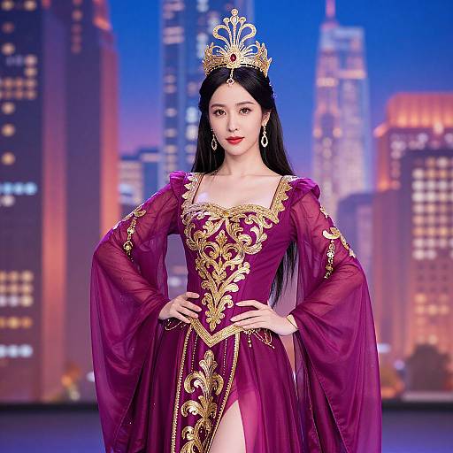 Photograph of an East Asian woman with long black hair, wearing a purple, gold-embroidered gown, crown, and earrings, standing in