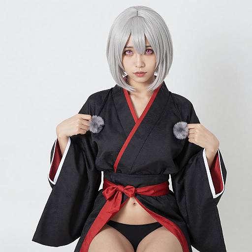 Asian Woman in Black and Red Kimono with Silver Hair