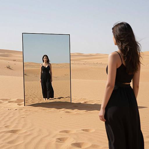 Photograph of a woman with long dark hair, wearing a black dress, standing in a desert reflecting in a rectangular mirror. She faces the reflection,