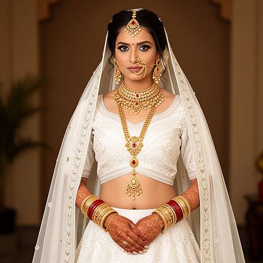 Photograph of a South Asian bride in traditional white attire, adorned with gold jewelry, veil, intricate henna, and dark hair, standing confidently against