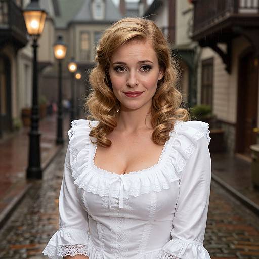 Photograph of a blonde woman with curly hair in a white lace-trimmed dress, standing on a cobblestone street with lampposts
