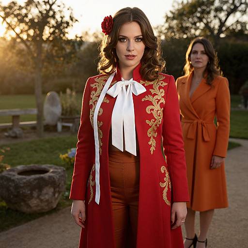 Photograph of two women in an outdoor garden; foreground woman in red embroidered coat with white bow, brown pants; background woman in orange coat, sunset