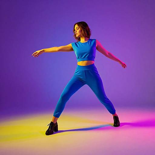 Photograph of a woman in blue crop top and pants, black shoes, striking a dynamic pose against vibrant purple and yellow background.