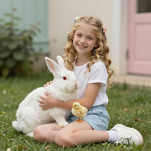 Blonde Girl with Bunny and Chick on Grass