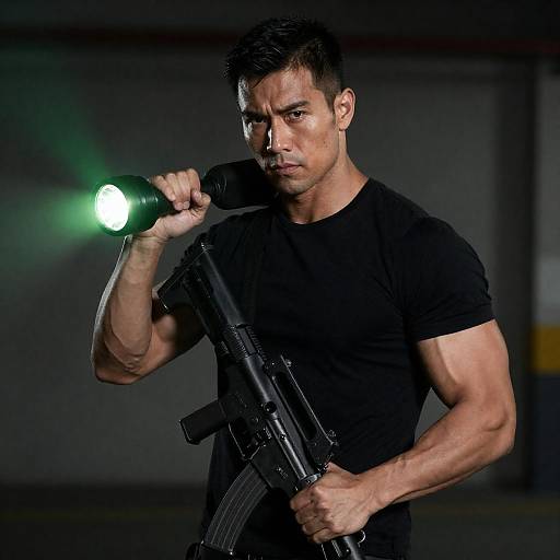 Photograph: Man with Rifle and Green Flashlight