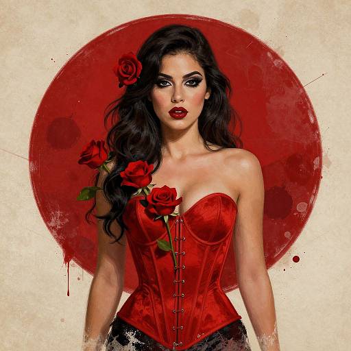 Digital artwork of a sultry woman with long black hair, wearing a red corset, red roses, and intense makeup, against a red circular background