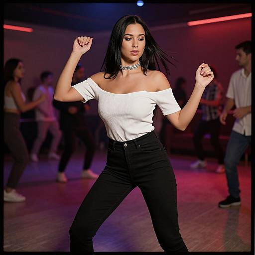 Photograph of a confident woman dancing in a nightclub, wearing a white off-shoulder top, black jeans, and a choker necklace, with