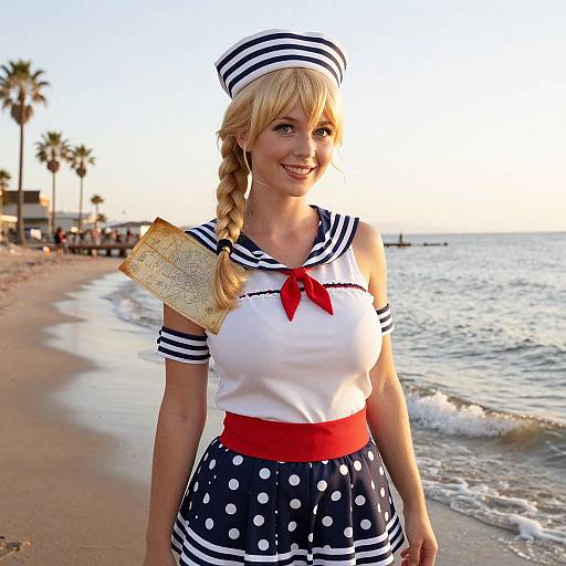 Blonde woman in navy and white sailor costume with red scarf, polka-dot skirt, and striped hat, stands on sunny beach with palm trees and