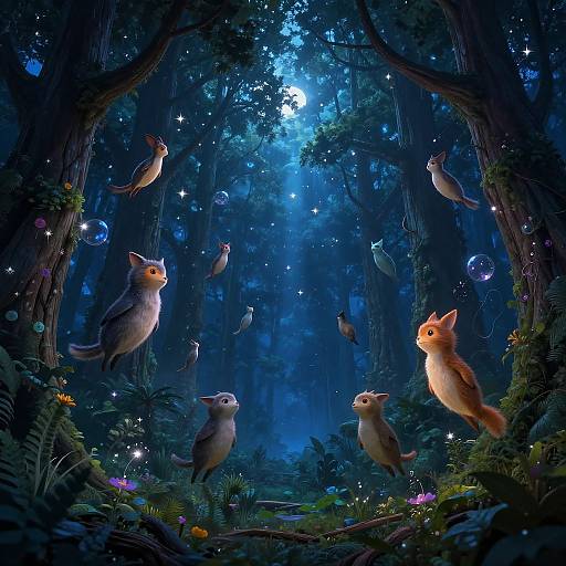 Magical forest at night with glowing blue moonlight, floating cats and birds, twinkling stars, and colorful flowers. Whimsical, enchanting