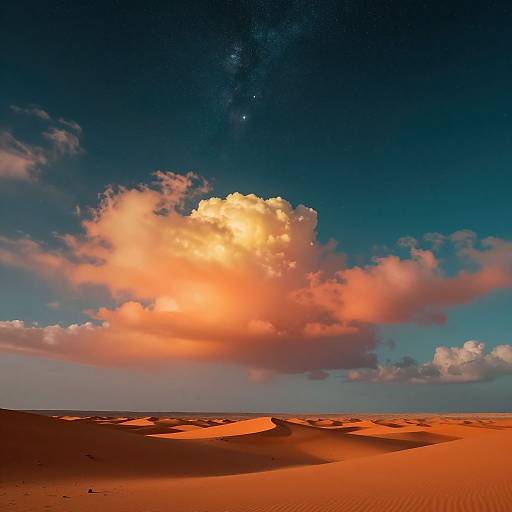 Photograph of a desert landscape with orange sand dunes under a vivid blue sky, featuring a large, glowing pink and orange cloud, and a faint