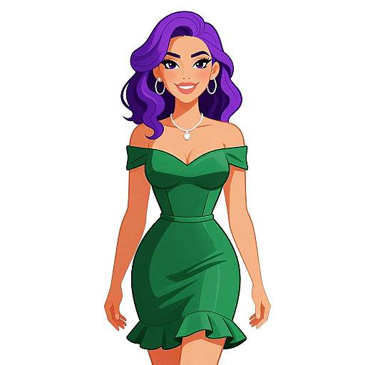 Digital illustration of a smiling woman with wavy purple hair, wearing an off-shoulder green dress, hoop earrings, and a necklace, against a