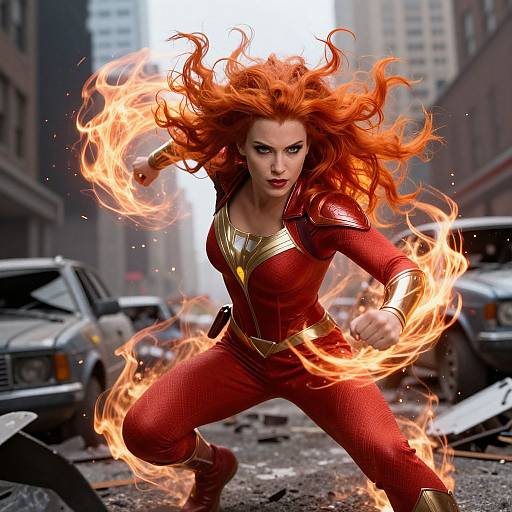 Photorealistic CGI of Scarlet Witch, with fiery red hair, red suit, and gold accents, conjuring flames in a urban street.