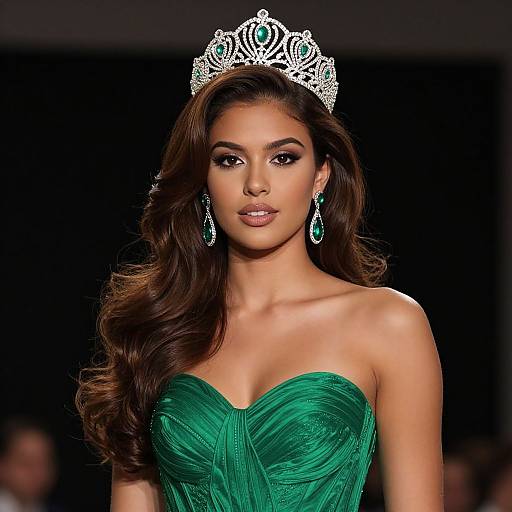 Photograph of a beautiful, brown-haired model with long waves, wearing a sparkling silver tiara, green strapless gown, and matching green earrings,
